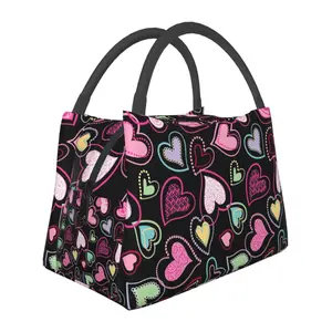 Lunch box, lunch bag, reusable portable insulation bag, insulation bag,pink heart pattern, suitable for outdoor camping, work, school, fitness