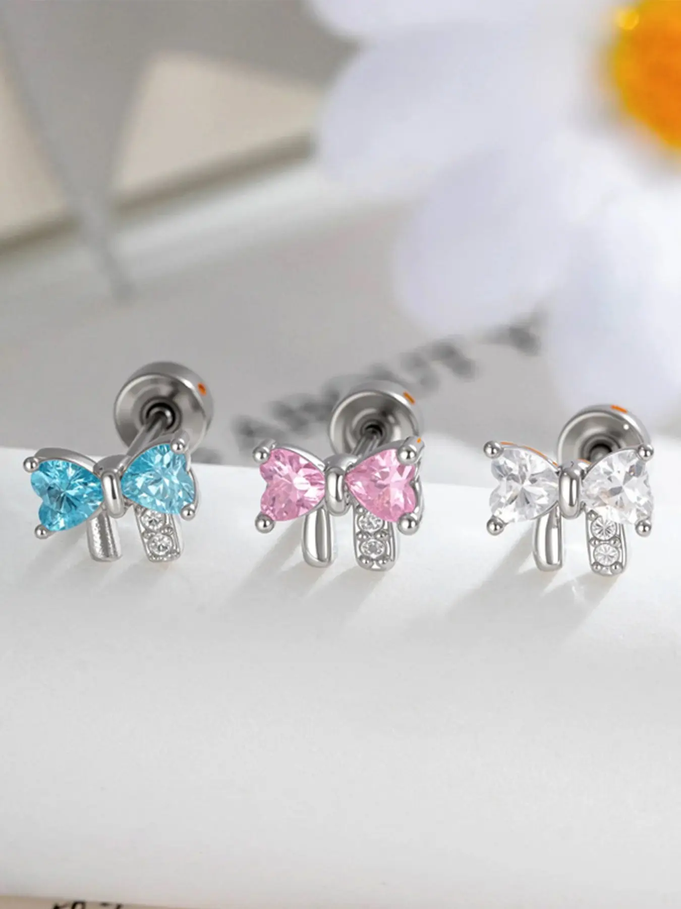 WANGXIY 1 Pair Bow Zircon Stud Earrings for Women Minimal Cartilage Stud Piercing Jewelry Hypoallergenic