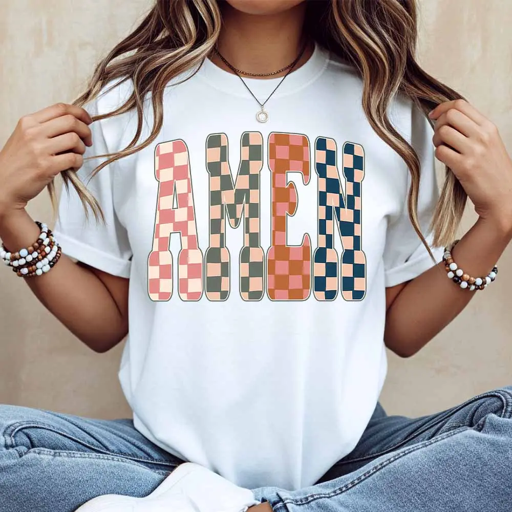 Amen Checkerboard Pattern Print T Shirt White Casual Loose Fit Tee For Everyday Wear And Light Activities