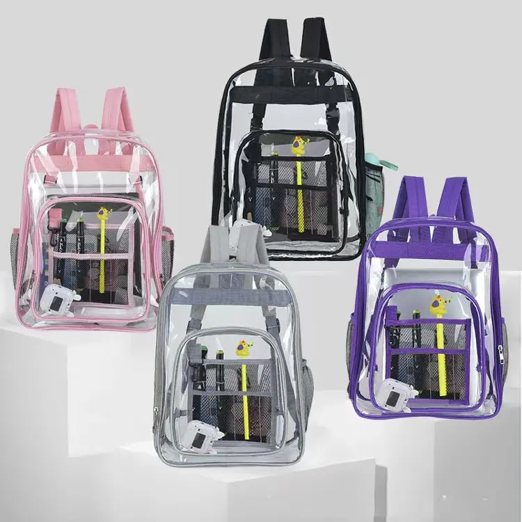 Clear Backpack for School, Stadium Approved Transparent PVC Backpack with Front Pocket & Side Mesh Pockets, Clear Bookbag for Concerts, Work, Travel