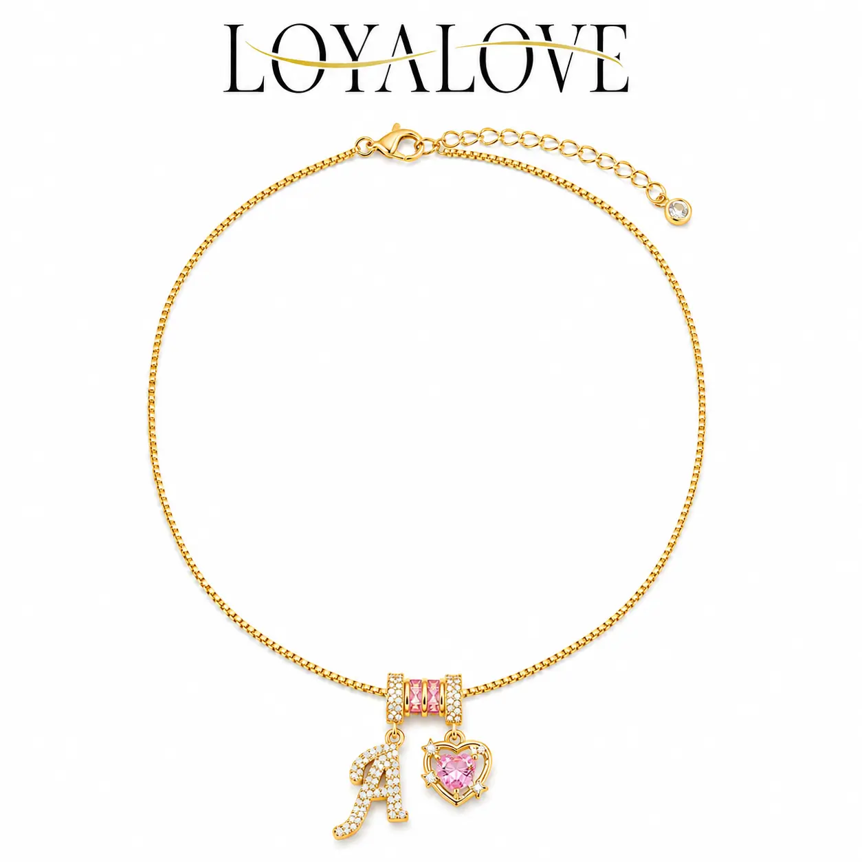 Loyalove 14K Gold Plated Personalized Initial Necklace for Women, Gold-Tone Pink Heart Cubic Zirconia Letter Pendant, Dainty Box Chain Charm Necklace, Trendy Y2K Jewelry Gift for Her