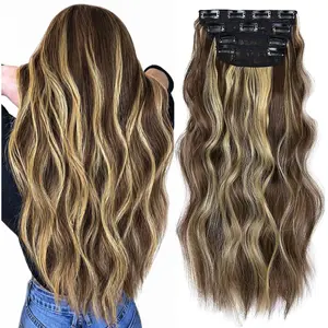 Clip in Hair Extensions for Women 20 Inch Long Wavy Curly Dirty Blonde with Highlight Hair Extension 4pcs/190g/6.7oz Full Head Synthetic Hair Hairpieces