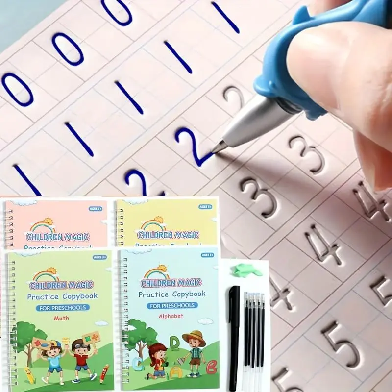 4 Books + 1 Pen + 5 Pen Refills + 1 Pen Holder Magic Practice Copybooks for Preschools: Math and Alphabet, Ages 3-8, Educational Writing Aids for Kids