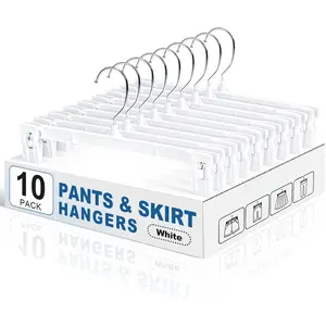 Skirt Hangers with 360? Swivel Hook, 10 Pack White Pants Hangers for Skirts, Shorts, Jeans & Slacks, Space-Saving Closet Organizer with  Grip Clips