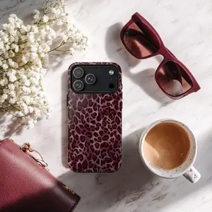 Burgundy Leopard Print Phone Case – Chic Animal Pattern in Deep Red Aesthetic – Trendy Gift for Fashion Lovers – Protective Tough Case & MagSafe Compatible for Phone X, 11, 12, 13, 14, 15, 16, 17 & Galaxy S21, S22, S23, S24, S25 Ultra