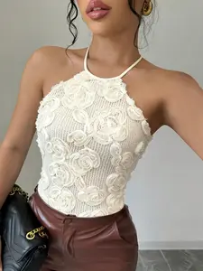Women's Casual Sexy Fitted Floral Halter Neck Tie Back Top, Suitable For Daily Wear, Party, Date, Cruise, Vacation, Beach, Music Festival, Boho Style. Women's Valentine's Day, Party, Beach, Graduation, Elegant, Formal, Women's Formal Wear, Sexy, Vacation