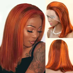 P4/350 Ginger Orange Brown 13x4 Transparent Short Bob Straight wigs 200% Density Brazilian Human Hair Lace Front Wigs 10-14 inch
