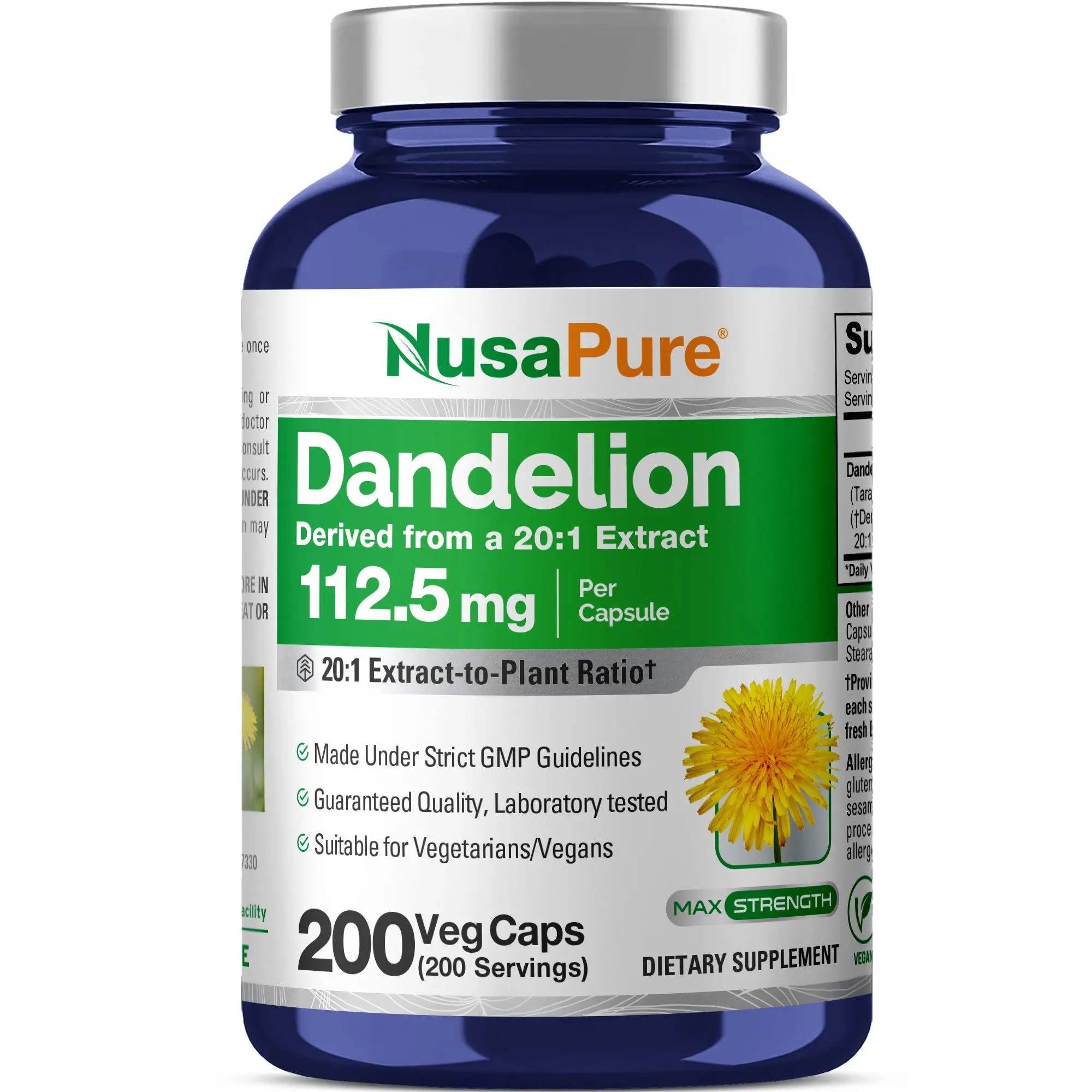 NusaPure Natural Edible Dandelion Root Herbal Supplement - 20:1 Concentrated Extract, 112.5 mg, 200 Veggie Capsules, Gut Support, Liver Health, Blood Sugar Regulation, Fiber, Non-GMO, Vegan, Healthcare, High Standards, Traditional Herbal Medicine, Herbs,