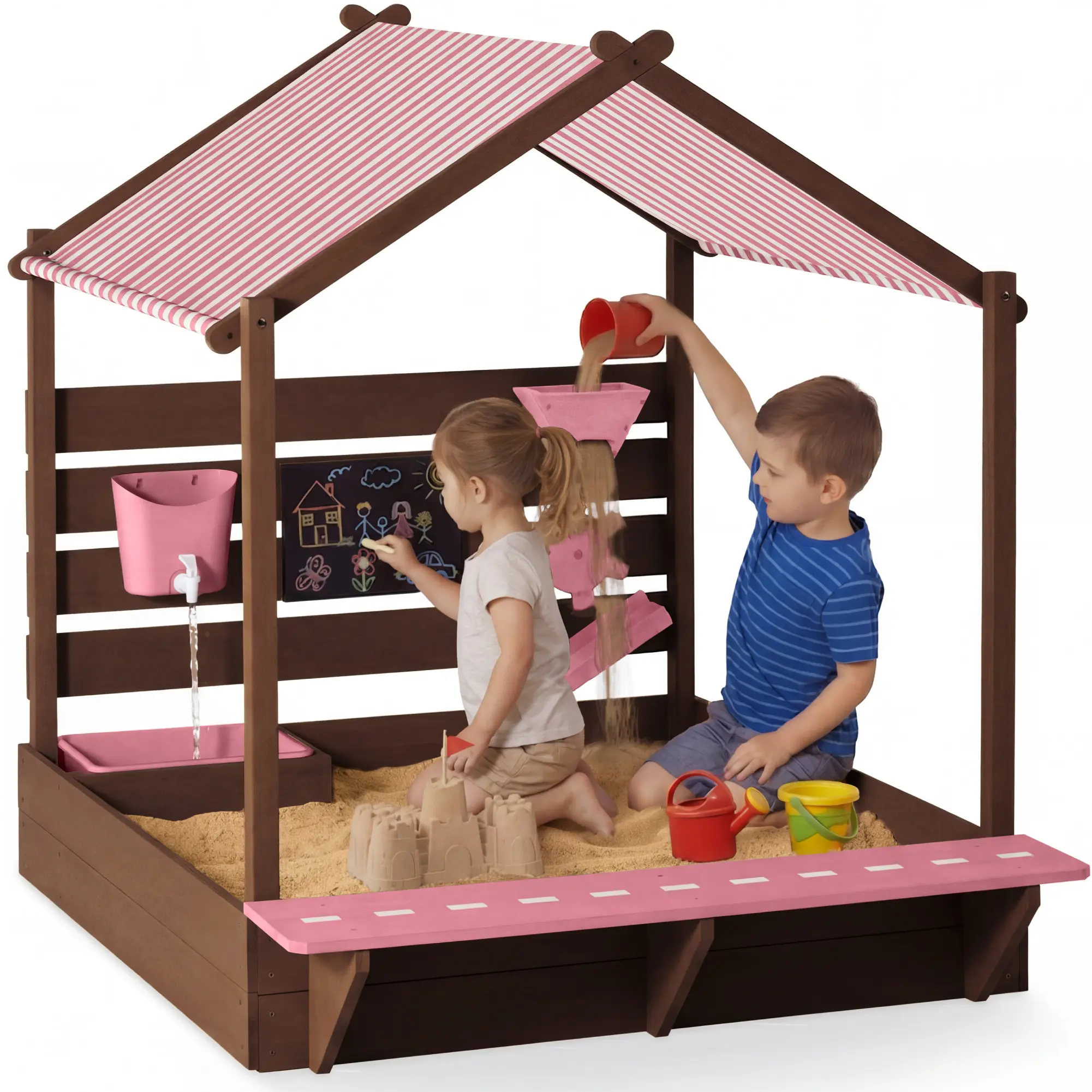 Best Choice Products Deluxe Wooden Sandbox with Canopy, Water Table, Bench Seat, Outdoor Kids Playset