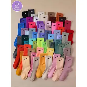 10 pairs of Random Color Women's Crew Socks, Casual Comfortable Breathable Mid-calf Socks for Daily Wear, Multipack Knit Socks for All Seasons, Underwear for Women