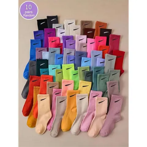 10 pairs of Random Color Women's Crew Socks, Casual Comfortable Breathable Mid-calf Socks for Daily Wear, Multipack Knit Socks for All Seasons, Underwear for Women,UU