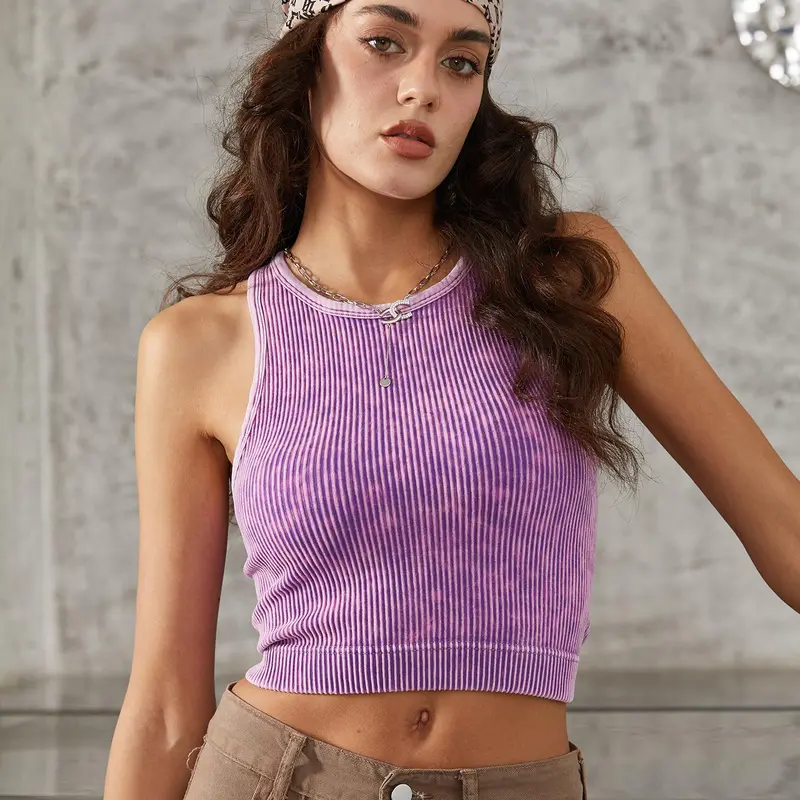 Women's Round Neck Ribbed Sports Vest, Sporty Sleeveless Tops, Casual Racer Back Crop Tank Top for Fitness, Yoga, Gym & Workout, Activewear, Fitness Apparel