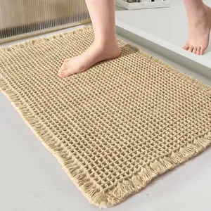 1PCWaffle Bath Mat Super Absorbent NonSlip Machine Washable for Carpets Quick Super Soft Design with Excellent Water Absorption Rubber Backing Decorative Tassels Safe Pattern Rug-Superfine fiber flocking material Kitchen bathroom anti-slip bottom Doormat