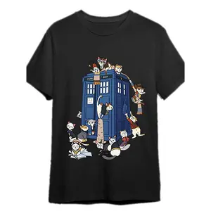 Men's Doctor Who Inspired T-Shirt - Whimsical Time Lord Cats Design, 100% Cotton, Short Sleeve, Round Neck, Black Graphic Tee