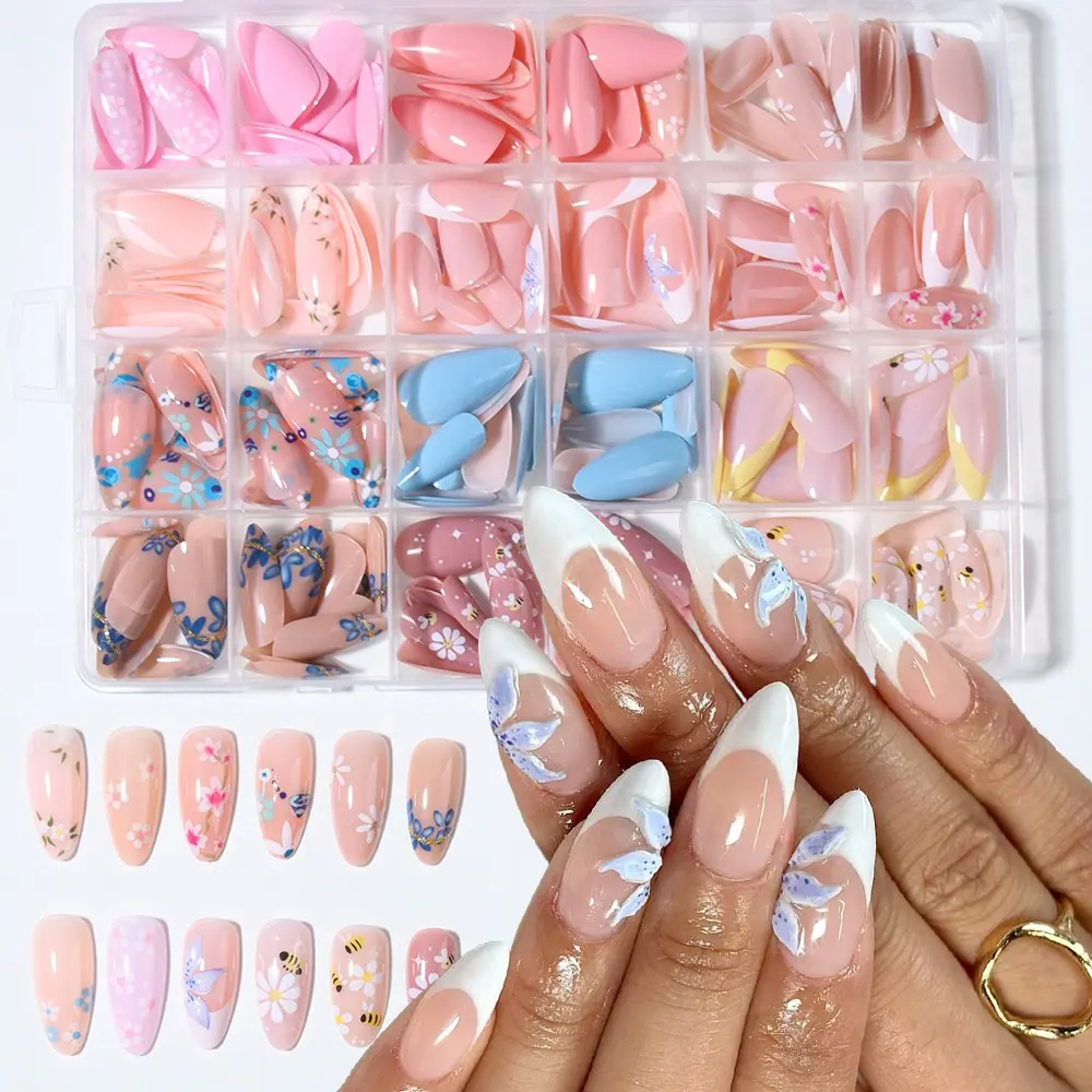 288pcs Long Almond Medium Length Nail Art Stickers Set, Nail Art Supplies, Natural Almond Shape, French Acrylic Material, French Tip Nails, Perfect Fit, Nail Glue Included, Includes 4 Jelly Glue & 2 Nail Files, Mixed Floral Designs