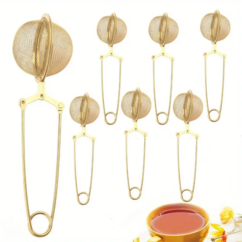 Pack of 6 Golden Snap Tea Ball Infuser with Handle, Premium Stainless Steel Fine Mesh Screen Tea Strainer Filters Sieve Infusion Steeper Maker for Loose Leaf Tea Herbs