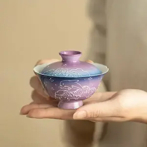 Dreamy Gradient Dolphin Gaiwan – Hand-Painted Underglaze Porcelain Two-Piece Tea Bowl with Purple-Blue Ombre Finish