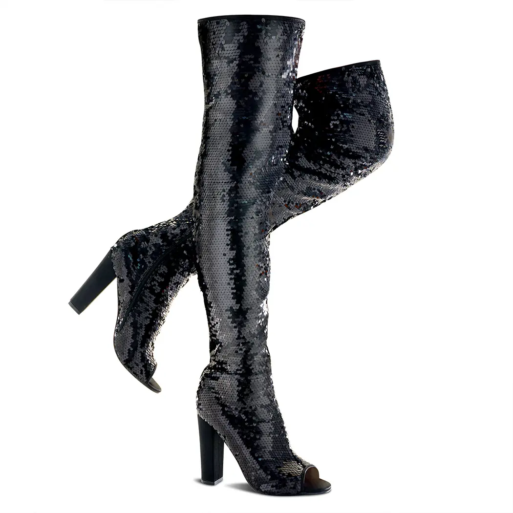 Women's Fashion Boots, Sparkly Sequin Over-the-Knee Peep Toe High Heel Shoes with Rubber Sole and Side Zipper