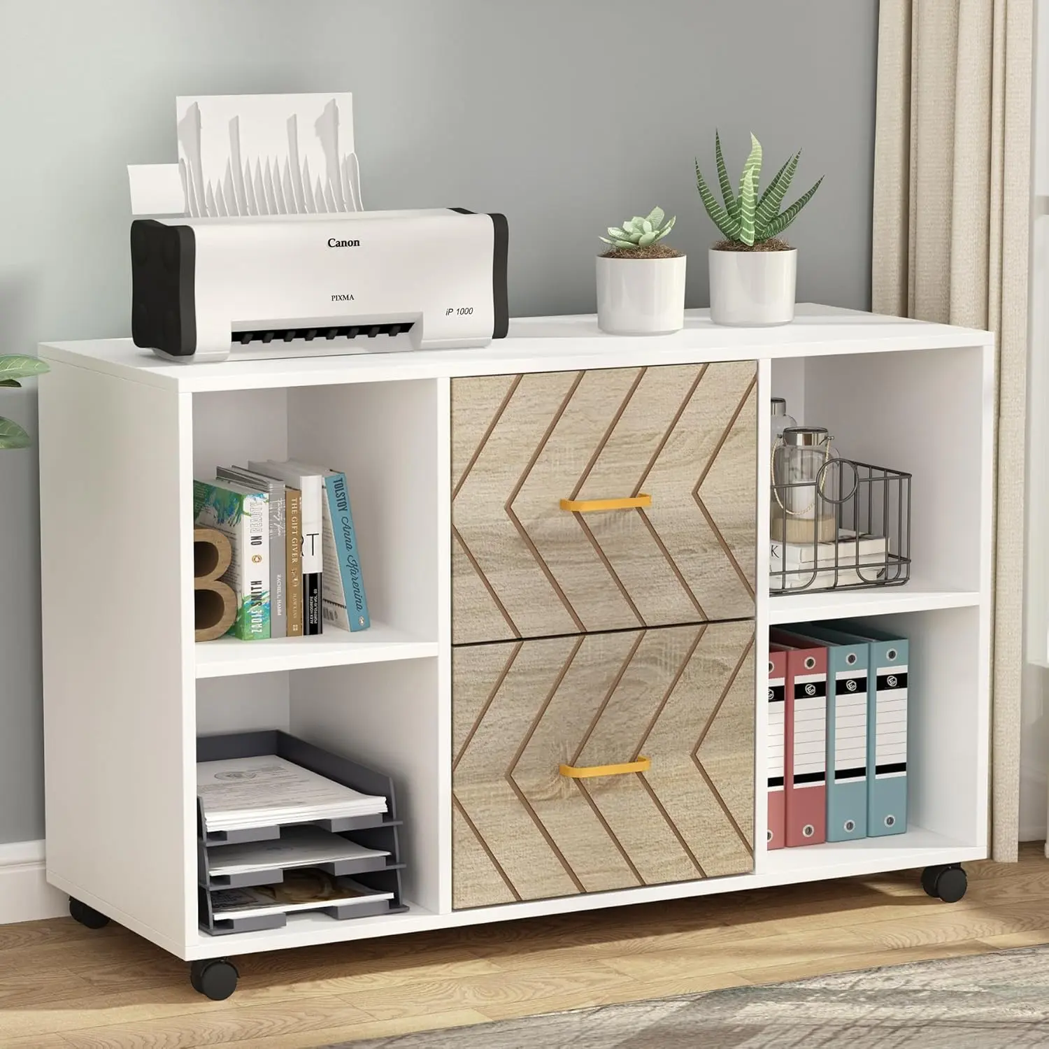 LITTLE TREE 2 Drawer File Cabinet, Large Mobile Lateral Filing Cabinet for Letter Size, Printer Stand with Storage Shelves and Rolling Wheels for Home Office