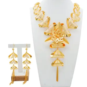Womengold plated African Bridal Jewelry Party Floral Necklace Earrings 2-piece Set