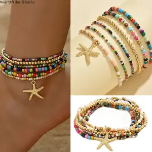 6Pcs Boho Starfish Anklet Set, Trending Beach Jewelry Gold Pendant Colorful Rice Bead Multi Layer Stackable Handmade Elastic Ankle Bracelets, Vintage Retro Ethnic Foot Chain for Vacation, Summer Party, Travel, Festival Accessories