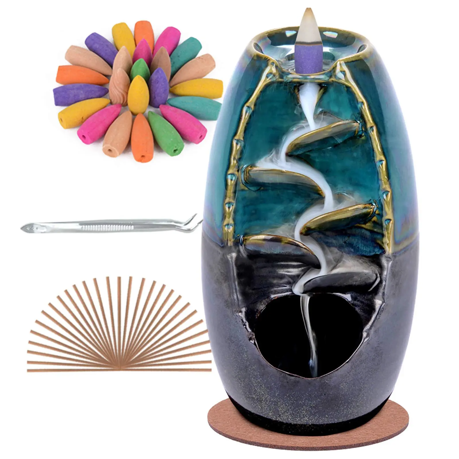 Blue Set Ceramic Backflow Incense Holder Waterfall Incense Burner, Aromatherapy Ornament Home Decor with 120 Backflow Incense Cones + 30 Incense Stick