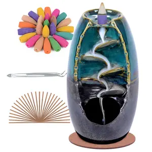 Blue Set Ceramic Backflow Incense Holder Waterfall Incense Burner, Aromatherapy Ornament Home Decor with 120 Backflow Incense Cones + 30 Incense Stick