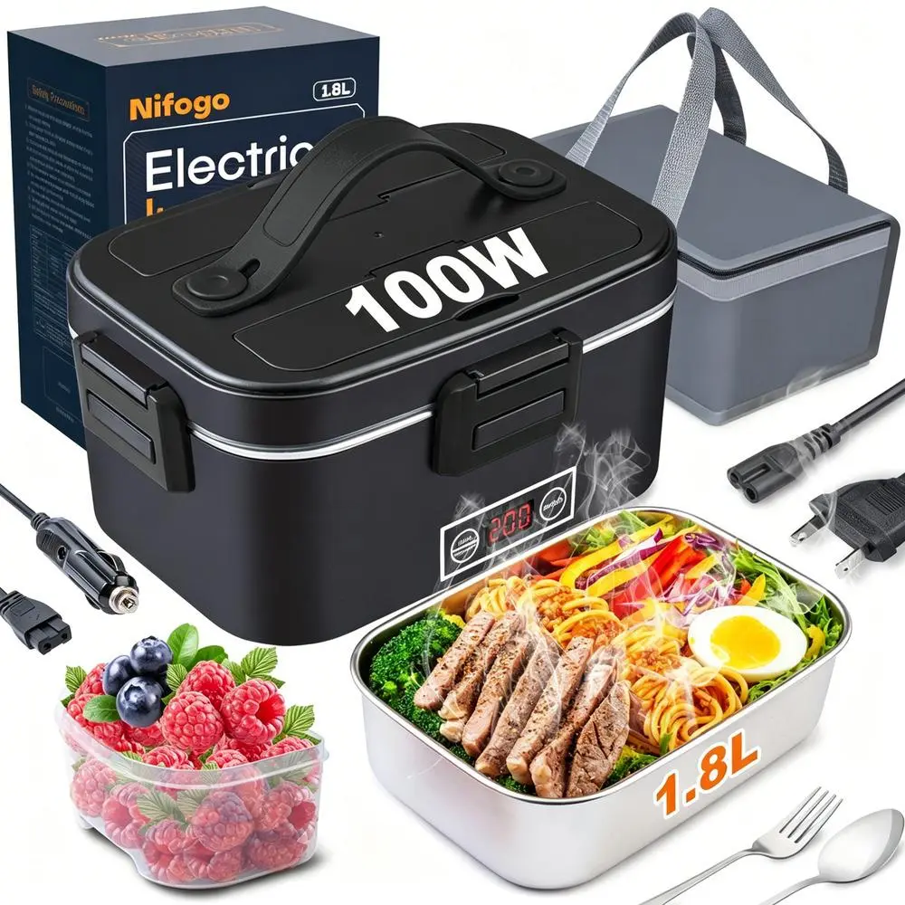 Portable Electric Heated Lunchbox - 100W Fast Heating, 12V/24V/110V Multi-Voltage, 1.5-3.5L Thermal Lunch Boxes with Steel Liner, Insulated Lunchbox Cooler, Complete Cutlery & Insulated Bag for Daily Use