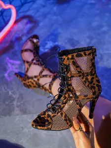 Women's Fish Mouth Hollow Out Short Boots, Fine Heel Lace-Up Mesh Boots, Leopard Print Jazz Dance Shoes, Casual High Heels