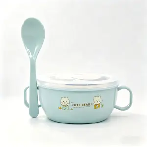 1pc / Cartoon Baby Feeding Bowl, Fruit Puree Bowl - Essential for Baby Feeding / Material: PP + Stainless Steel, Double-layered heat insulation, suitable for steaming/boiling/refrigeration/freezing, comes with a spoon and airtight lid, and bionic handles