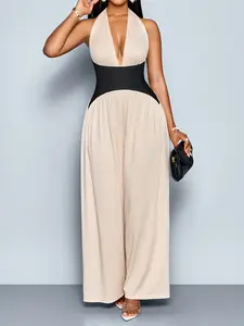 Summer Elegant Sexy Women's Colorblock Jumpsuit, Halter Tie Butterfly Knot High Waist Wide Leg, Perfect for Dates and Daily Wear
