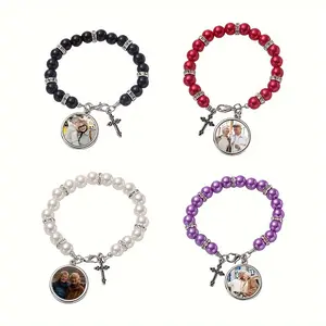 Customized 1pc Prayer Bead Bracelet, Baptism Gift, Photo-Customized Cross Bracelet for Men And Women