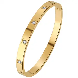 OIDEA Heart Cubic Zirconia Bangle Bracelet for Women, Gold Tone Stainless Steel Polished Cuff Bangle, Anniversary Valentines Gift