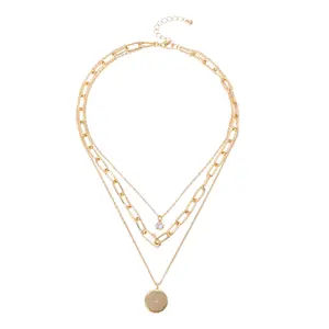 Disc pendant necklace, high-end and exquisite zircon, multi-layer stacked collarbone chain, geometric necklace