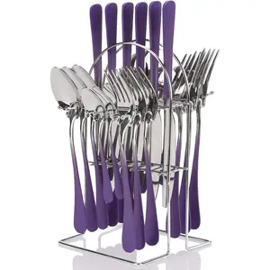 Silverware Set, 24 count Flatware Set with Hanging Stand, Stainless Steel Tableware Set Includes Dinner  Forks Spoons, Gradient Colour Cutlery Set for  Kitchen Restaurant (Purple)