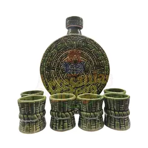 Aztec Calender Cantin with 6 Shots Glasses Tequilero De Azteca Con 6 Vasos Ceramic Design Green Color Set or Brown Color Set Mexican Utensils