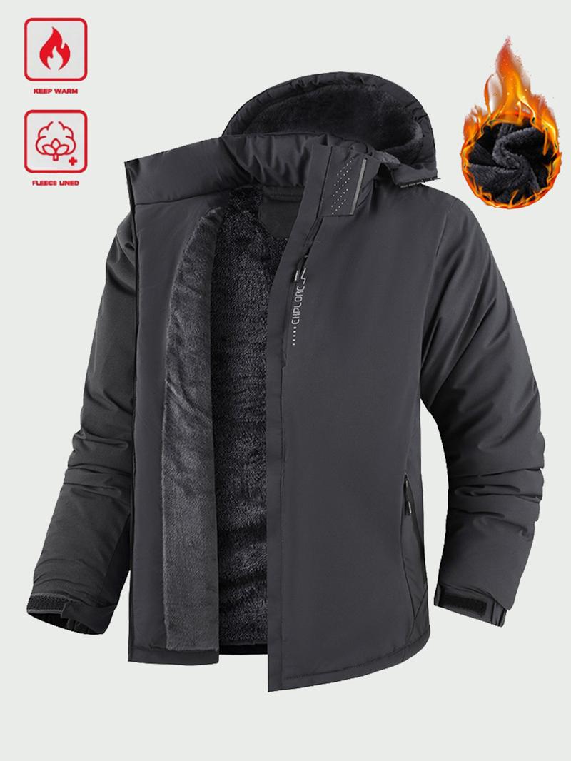 Men's Winter Outdoor Waterproof Windproof Fleece Lined Hooded Jacket - Thick Warm Coat; Features an Adjustable Drawstring Hood & Full Zip Front Closure; Perfect for Various Activities Such as Hiking, Jogging, Fishing, or Just Casual Wear; A Must-Have Vers