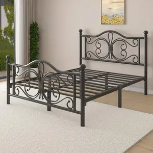 Queen Size Metal Platform Bed Frame with Classic Style Headboard & Footboard, Under Bed Storage Space, Sturdy Slat Support, No Box Spring Required (Black/White)