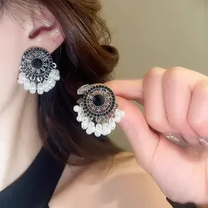 New Chinese Style Black & Gold Pearl Tassel Earrings, Premium Retro Ethnic Elegant Ear Jewelry for Women