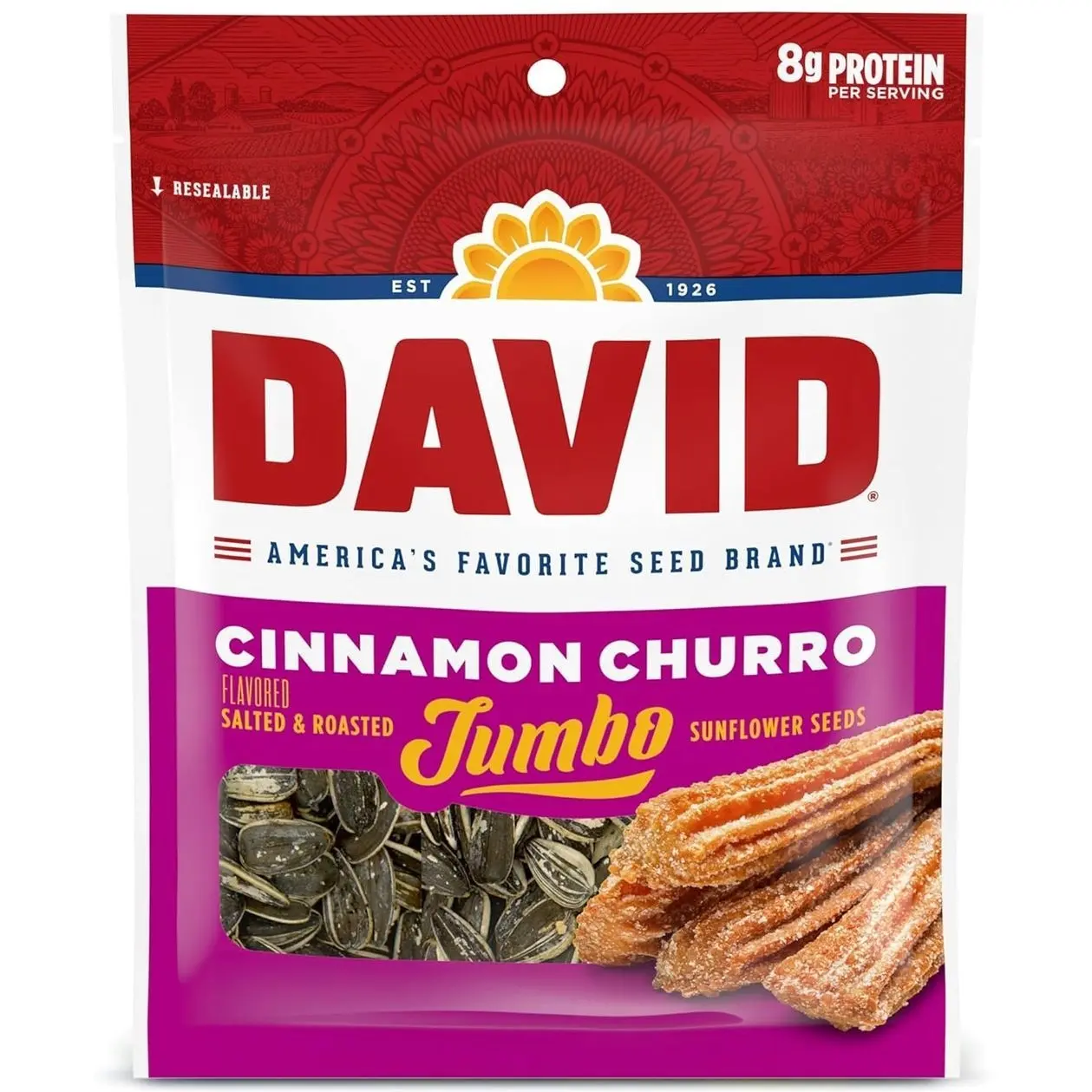 DAVID Jumbo Sunflower Seeds, Cinnamon Churro Flavor, Easter Basket Stuffer for Baseball Players, 5.25 oz. (Pack of 12)