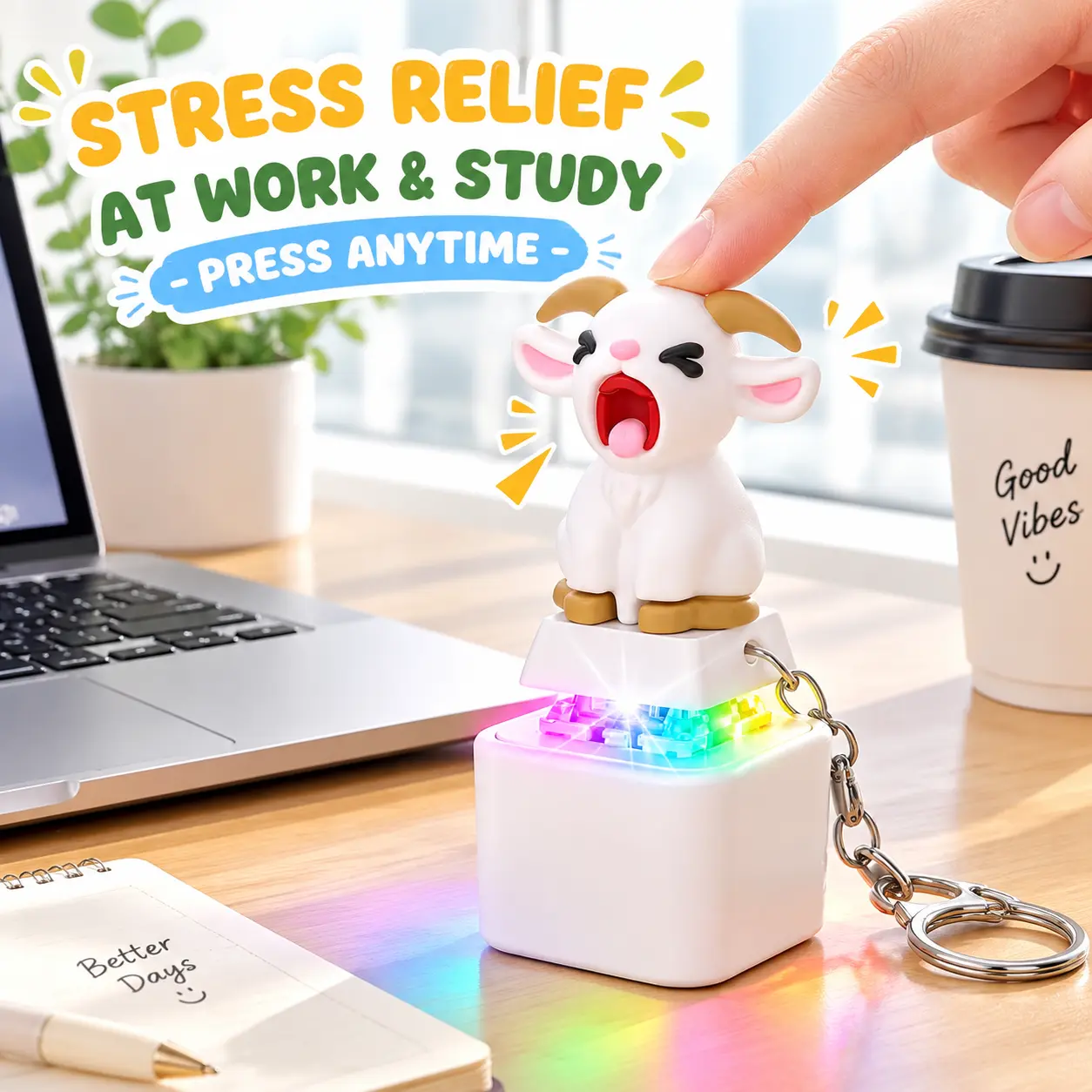 Screaming Goat Fidget Keychain, Rechargeable Type-C Press Toy with LED Colorful Light & Baa Sound, Funny Meme Stress Relief Key Ring, Novelty Gag Gift for Kids Adults
