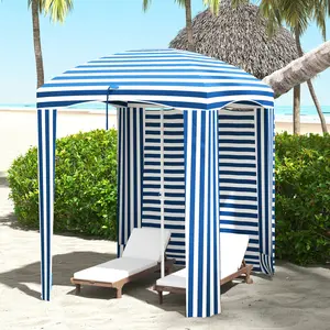 5.8' x 5.8' Cabana Umbrella with Walls, Vents, Ruffles, Carry Bag – Beach Umbrella with Canopy & Detachable Walls, 2-Section Portable Design, Sandbags & Vents for Wind Stability, for Sand, Beach, Travel, Blue White Stripe
