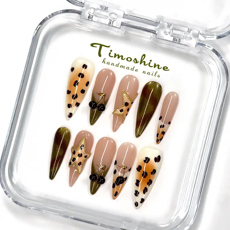 Timoshine | CHERRY STARDUST 10PCS Handmade Press On Nails REUSABLE 3D Gel fake nails acrylic press nails