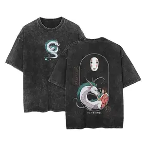 Retro Vintage Chihiro and Haku Spirited Away Double Printed Washed T-shirt Oversized Unisex Anime Manga Graphic Tee Mineral Washed Heavy Cotton Gift for Anime Fans and Studio Ghibli Lovers