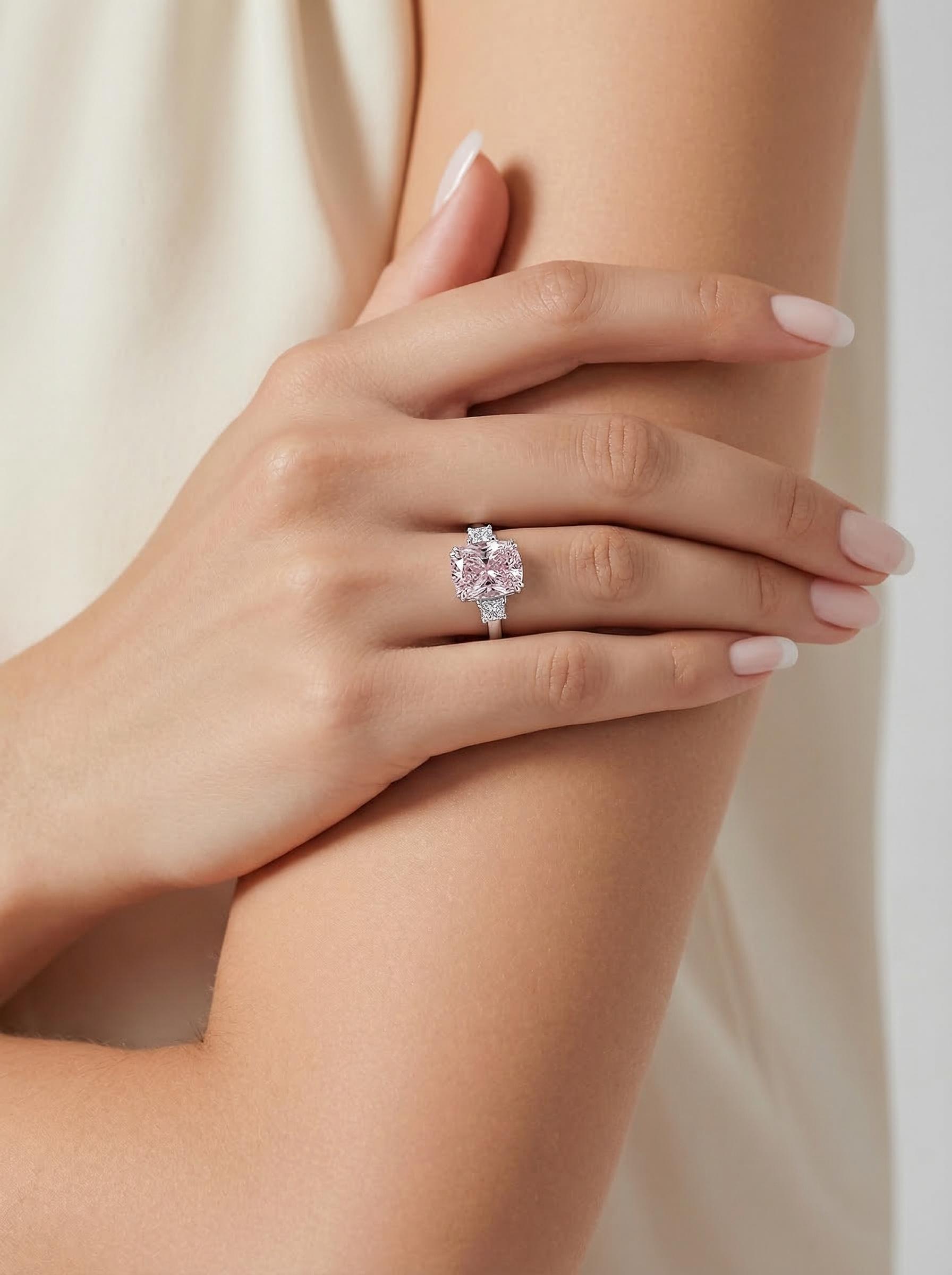 Luxury Cushion Cut Pink Diamond Ring, White Gold Plated Color Gemstone Ring, Elegant Party Index Finger Ring