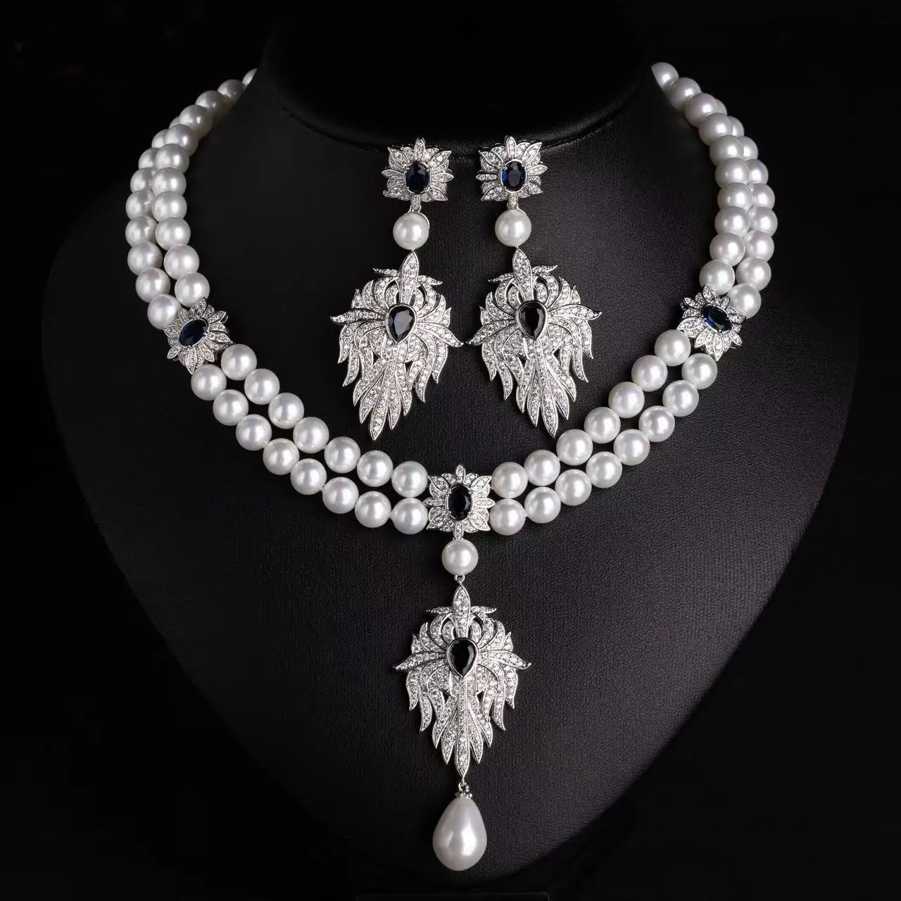 Female 2-Strand Freshwater Pearl Drop Necklace & Earrings Set - Silver-Plated Feathered Angel Wing Pendant, Multi-Color Gemstone Bridal Formal Wedding Evening Jewelry Set