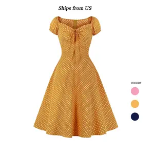 Women's Vintage Polka Dot Dress Summer Cap Sleeve Tie Bow Retro Cocktail Swing Dress for Gatherings & Commuting Size S-2XL Soft Fashion Casual Womenswear in Yellow Navy White Elegant Cute Classic 1950s Cut Shortsleeve