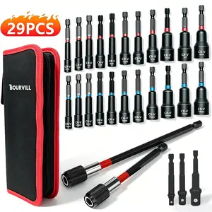 29PCS Magnetic Nut Driver Set, Impact Drill Driver Bit 1/4" Hex Shank, SAE & Metric Cr-V Steel Power Nut Drivers with Quick-release Extensions, Impact Socket Adapters, Bit Holder and Storage Bag
