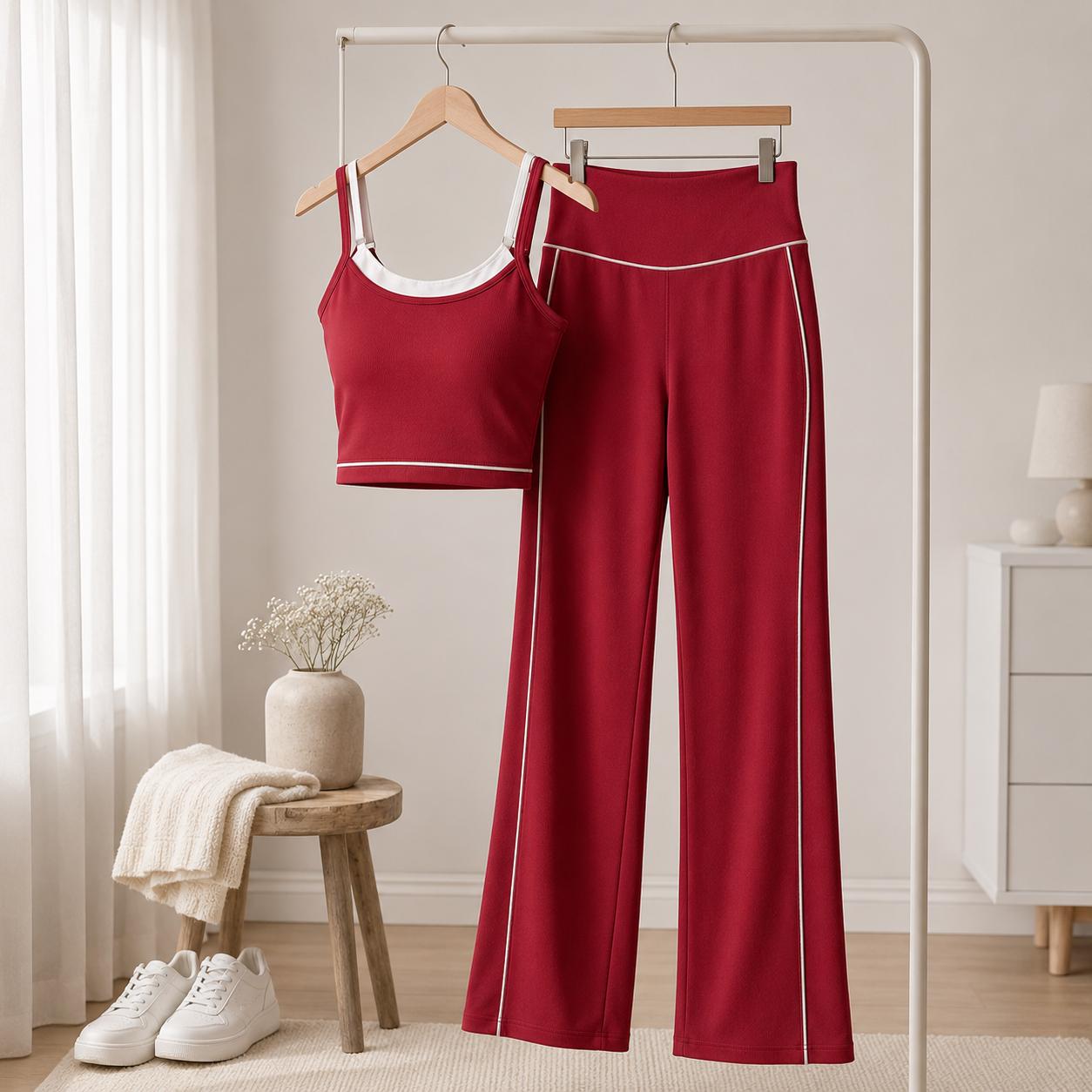 JOJOANS Women's Yoga Set 2 Piece Matching Outfit, Faux Twinset Built-In Bra Tank Top, High Waisted Wide Leg Pants with Pockets, Tummy Control Butt Lifting Stretch Workout Athleisure Lounge Set for Gym Travel Summer