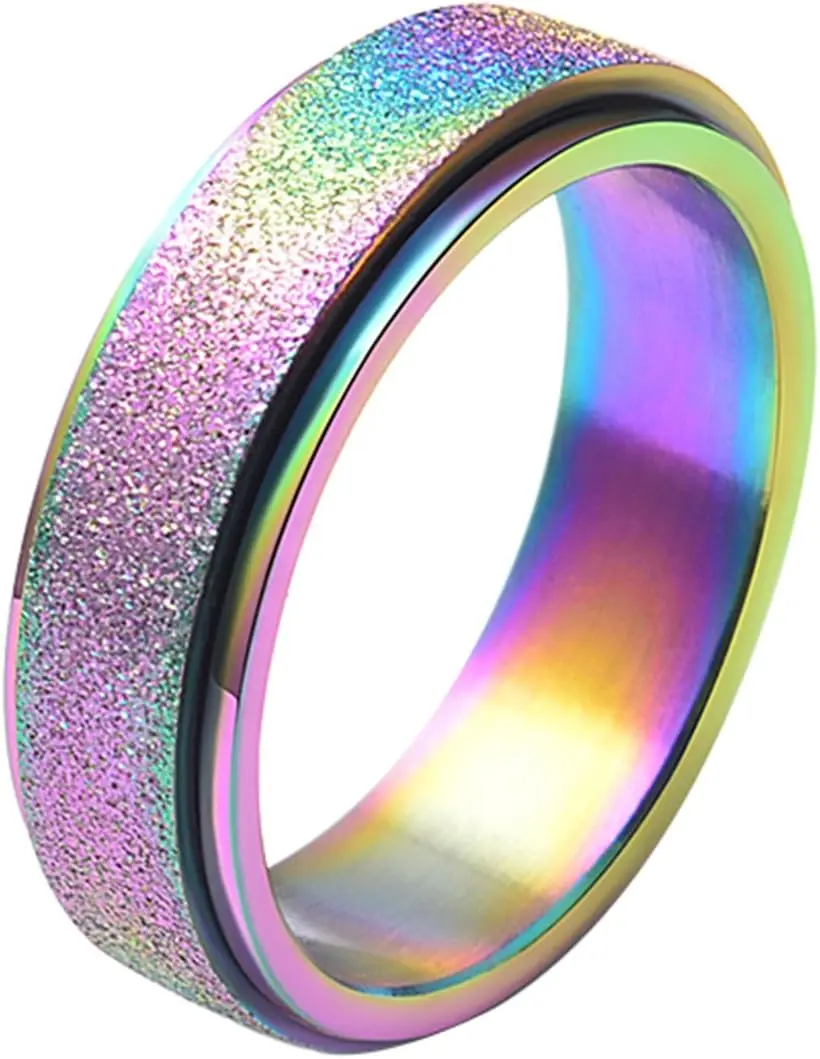 ALEXTINA Anxiety Ring for Women Men Fidget Rings - 6Mm 8Mm Stainless Steel Spinner Rings for Anxiety Relief Items for Women Silver Rose Gold Rainbow Sandblast Glitter Finish